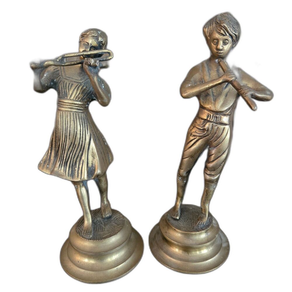 Cast Brass Bronze Figures Boy Girl Playing Violin / Flute‎ Pair Vintage Patina